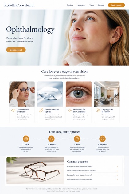 Healthcare website design for United States, showing a clear opening, service information, supporting content, and a focused inquiry action.