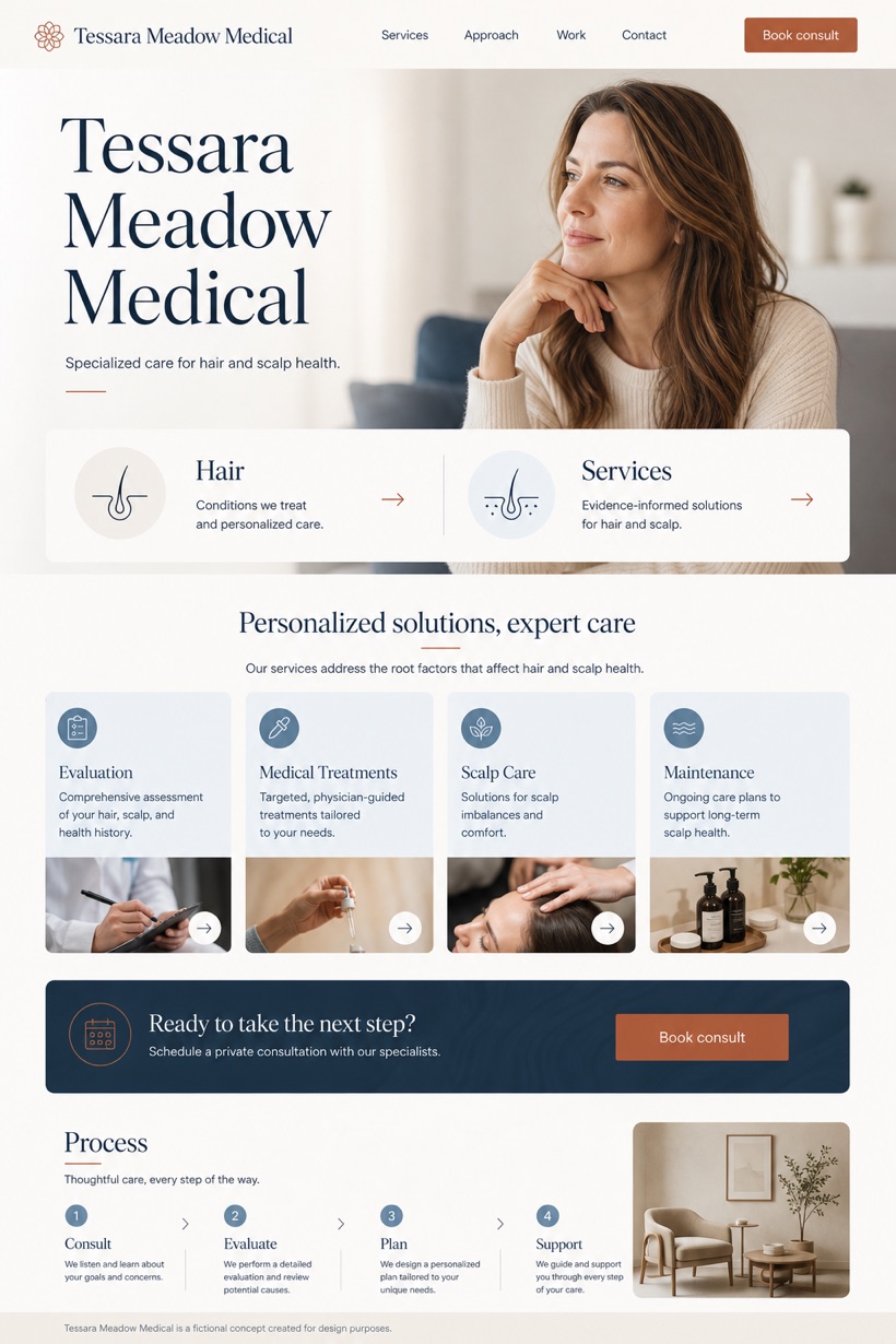 Healthcare website design for United States, showing a clear opening, service information, supporting content, and a focused inquiry action.