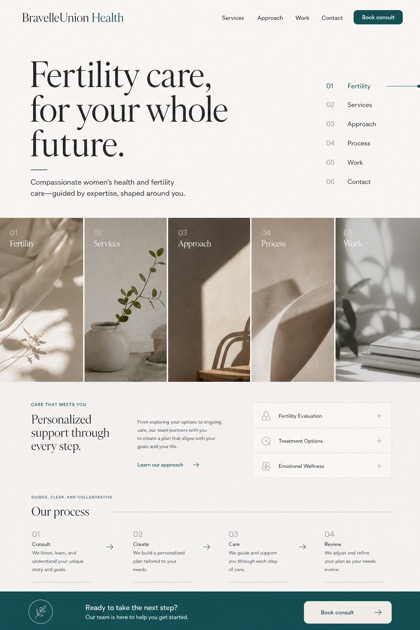 Healthcare website design for United States, showing a clear opening, service information, supporting content, and a focused inquiry action.