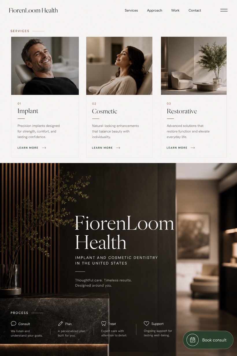 Healthcare website design for United States, showing a clear opening, service information, supporting content, and a focused inquiry action.