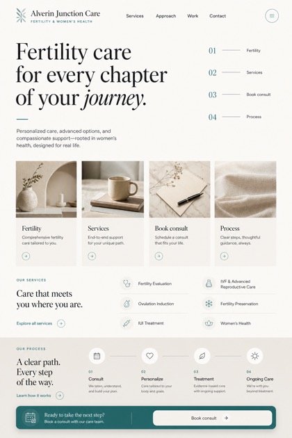 Healthcare website design for United States, showing a clear opening, service information, supporting content, and a focused inquiry action.