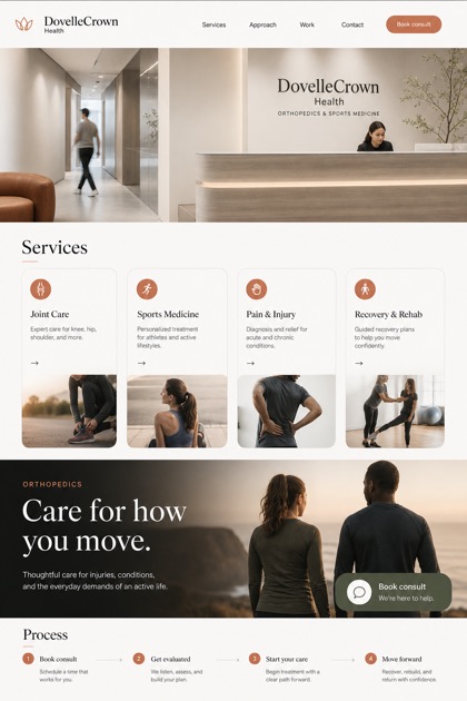 Healthcare website design for United States, showing a clear opening, service information, supporting content, and a focused inquiry action.