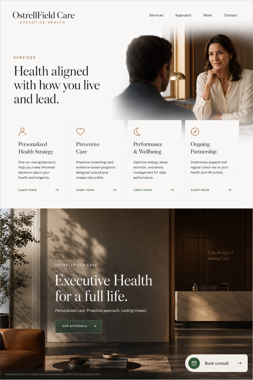 Healthcare website design for United States, showing a clear opening, service information, supporting content, and a focused inquiry action.