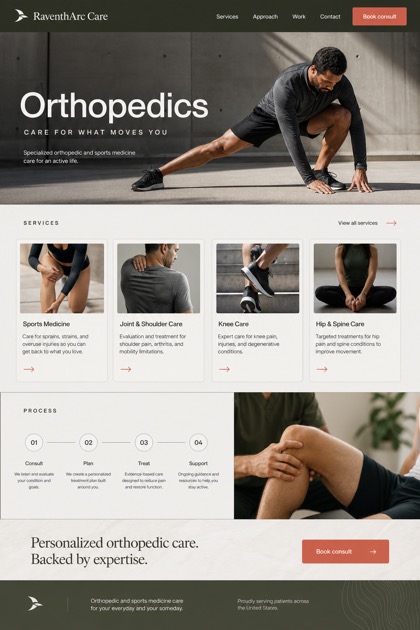 Healthcare website design for United States, showing a clear opening, service information, supporting content, and a focused inquiry action.