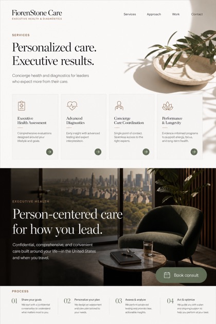 Healthcare website design for United States, showing a clear opening, service information, supporting content, and a focused inquiry action.