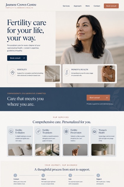 Healthcare website design for United States, showing a clear opening, service information, supporting content, and a focused inquiry action.