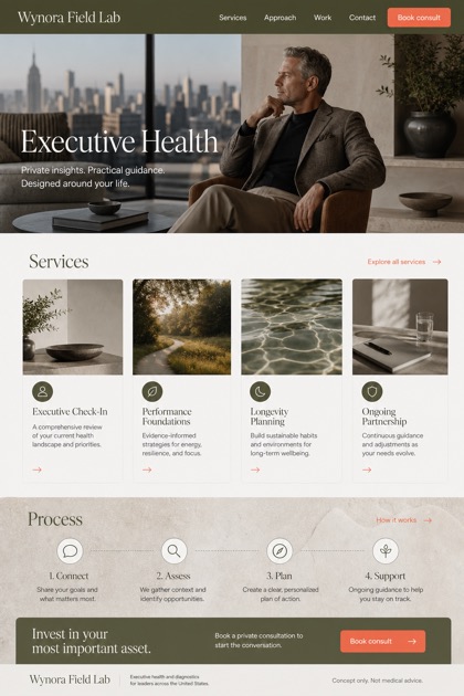 Healthcare website design for United States, showing a clear opening, service information, supporting content, and a focused inquiry action.