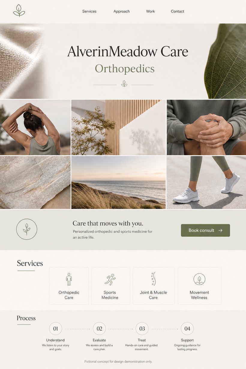 Healthcare website design for United States, showing a clear opening, service information, supporting content, and a focused inquiry action.