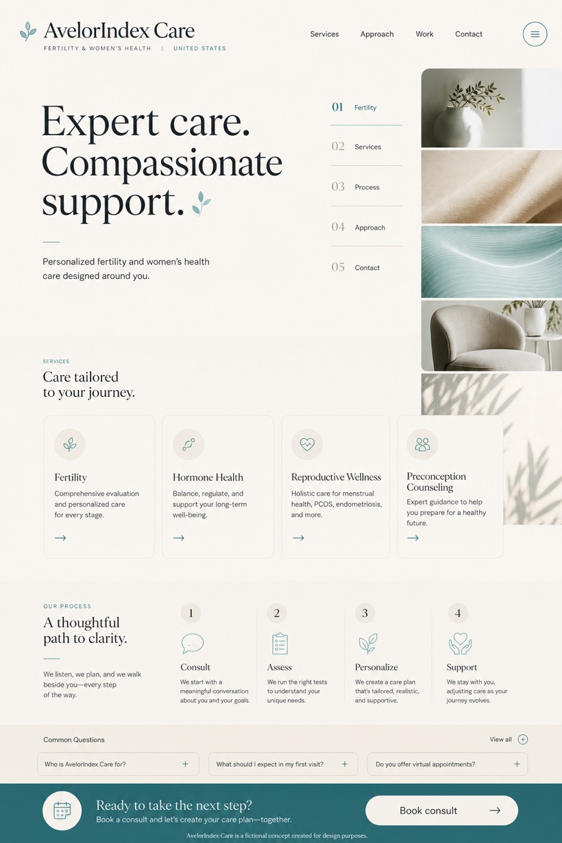 Healthcare website design for United States, showing a clear opening, service information, supporting content, and a focused inquiry action.