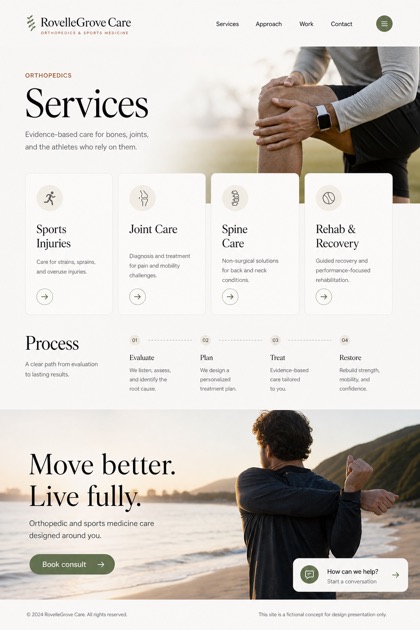 Healthcare website design for United States, showing a clear opening, service information, supporting content, and a focused inquiry action.
