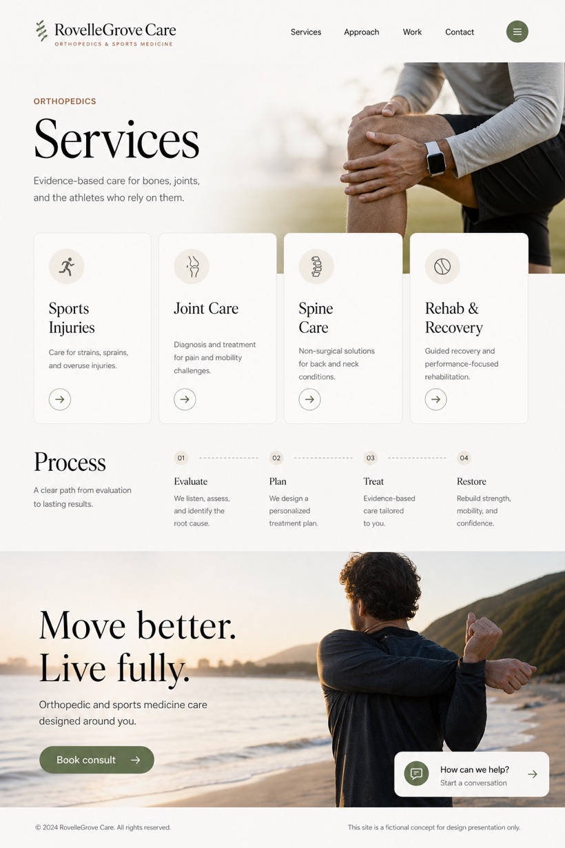 Healthcare website design for United States, showing a clear opening, service information, supporting content, and a focused inquiry action.