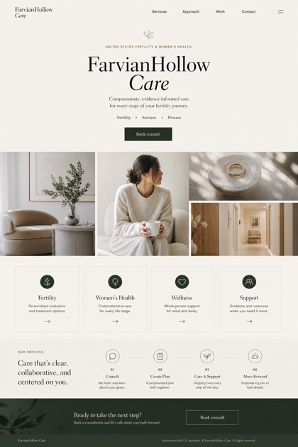Healthcare website design for United States, showing a clear opening, service information, supporting content, and a focused inquiry action.