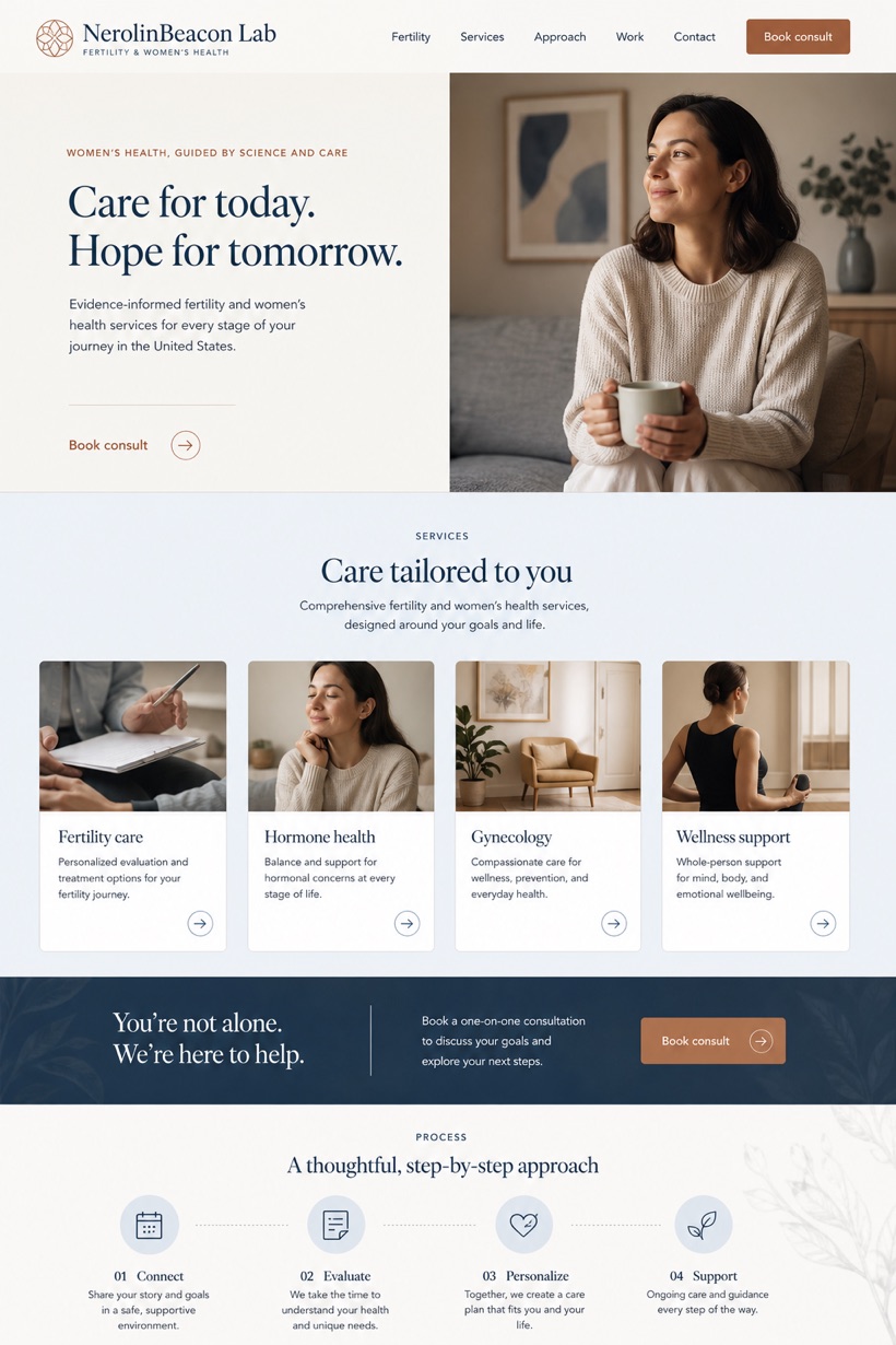 Healthcare website design for United States, showing a clear opening, service information, supporting content, and a focused inquiry action.
