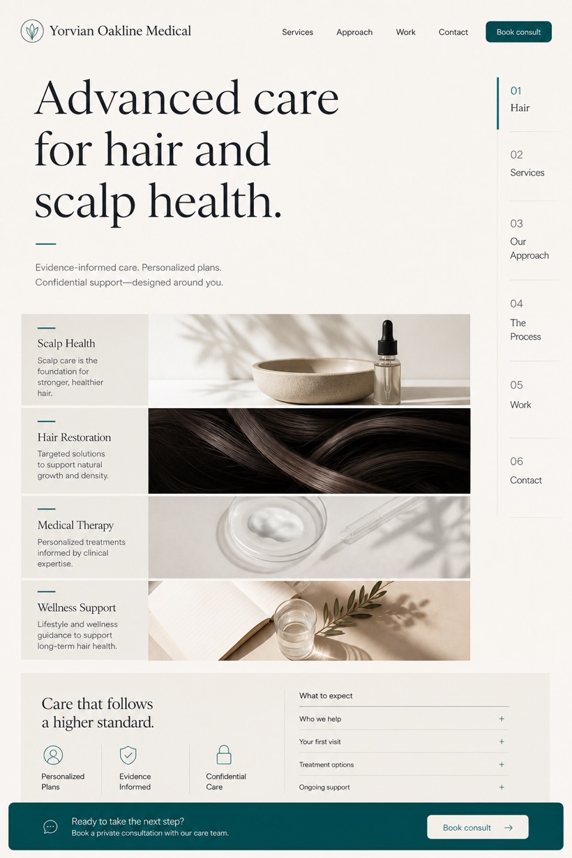 Healthcare website design for United States, showing a clear opening, service information, supporting content, and a focused inquiry action.