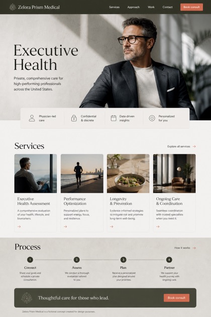 Healthcare website design for United States, showing a clear opening, service information, supporting content, and a focused inquiry action.