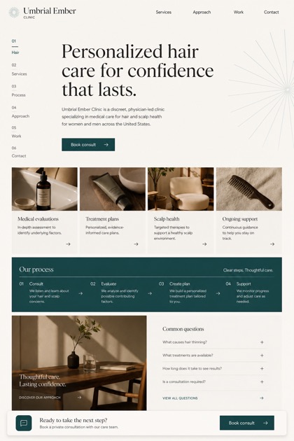 Healthcare website design for United States, showing a clear opening, service information, supporting content, and a focused inquiry action.