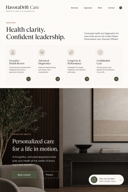 Healthcare website design for United States, showing a clear opening, service information, supporting content, and a focused inquiry action.