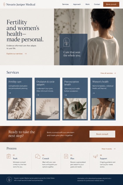Healthcare website design for United States, showing a clear opening, service information, supporting content, and a focused inquiry action.