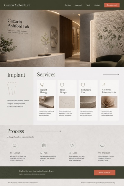 Healthcare website design for United States, showing a clear opening, service information, supporting content, and a focused inquiry action.