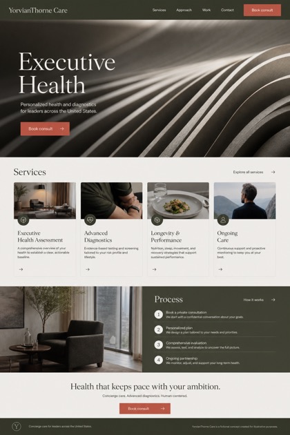 Healthcare website design for United States, showing a clear opening, service information, supporting content, and a focused inquiry action.