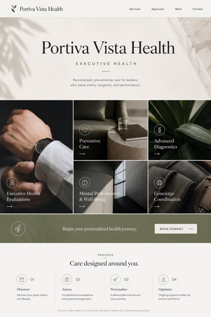 Healthcare website design for United States, showing a clear opening, service information, supporting content, and a focused inquiry action.