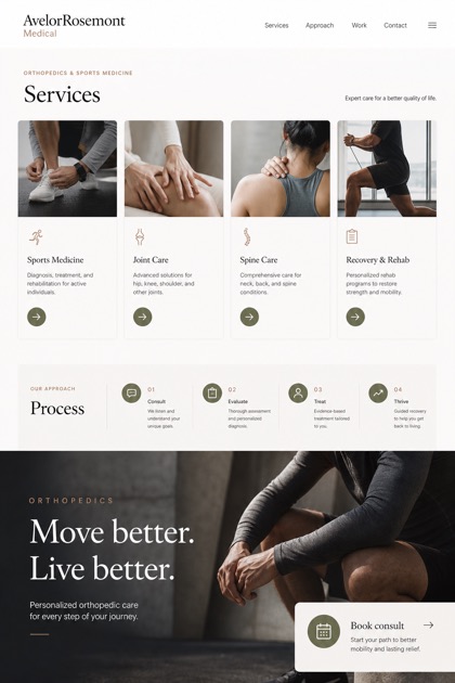 Healthcare website design for United States, showing a clear opening, service information, supporting content, and a focused inquiry action.