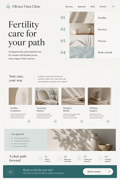 Healthcare website design for United States, showing a clear opening, service information, supporting content, and a focused inquiry action.