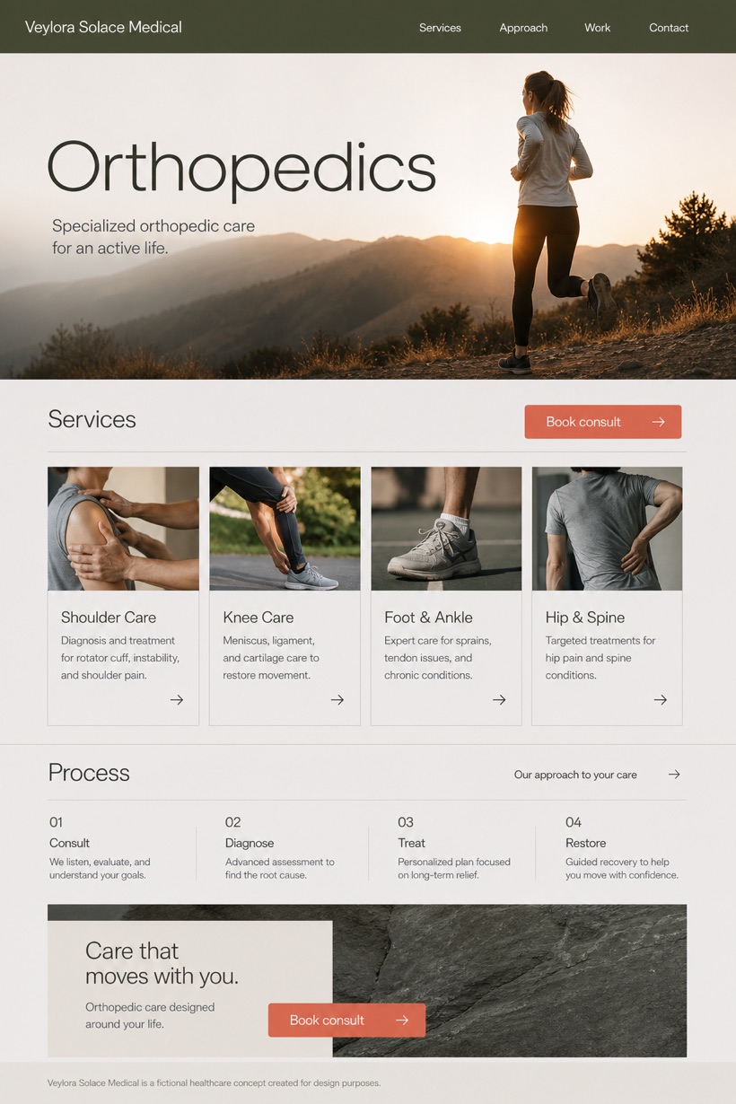 Healthcare website design for United States, showing a clear opening, service information, supporting content, and a focused inquiry action.