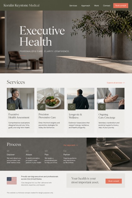 Healthcare website design for United States, showing a clear opening, service information, supporting content, and a focused inquiry action.