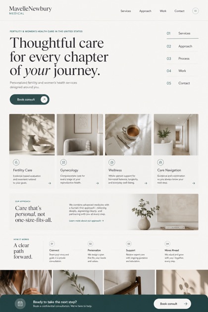 Healthcare website design for United States, showing a clear opening, service information, supporting content, and a focused inquiry action.