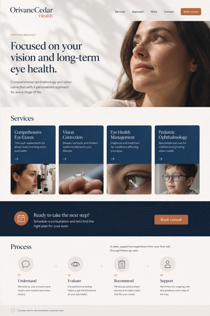 Healthcare website design for United States, showing a clear opening, service information, supporting content, and a focused inquiry action.
