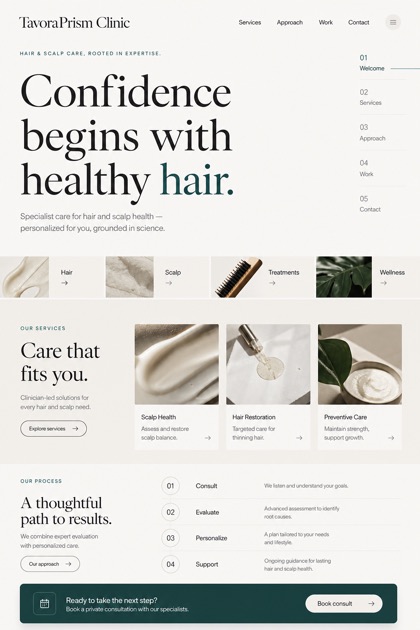 Healthcare website design for United States, showing a clear opening, service information, supporting content, and a focused inquiry action.