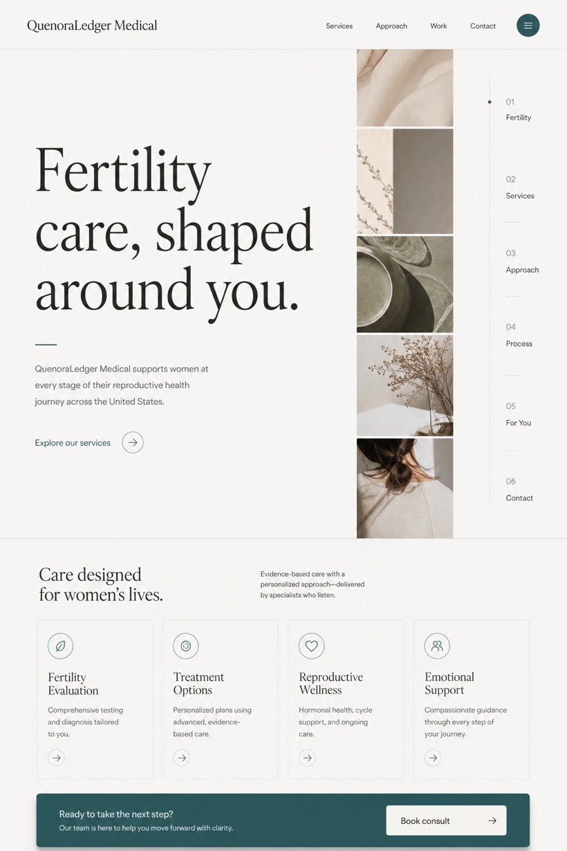 Healthcare website design for United States, showing a clear opening, service information, supporting content, and a focused inquiry action.
