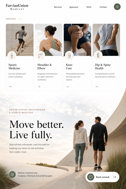 Healthcare website design for United States, showing a clear opening, service information, supporting content, and a focused inquiry action.