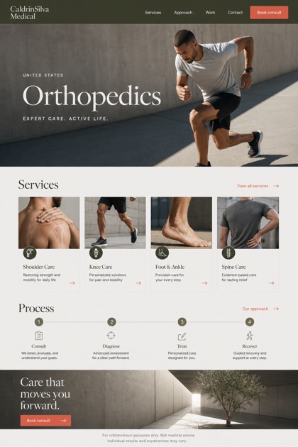 Healthcare website design for United States, showing a clear opening, service information, supporting content, and a focused inquiry action.