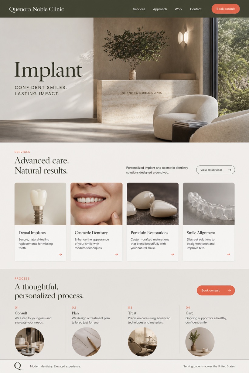 Healthcare website design for United States, showing a clear opening, service information, supporting content, and a focused inquiry action.