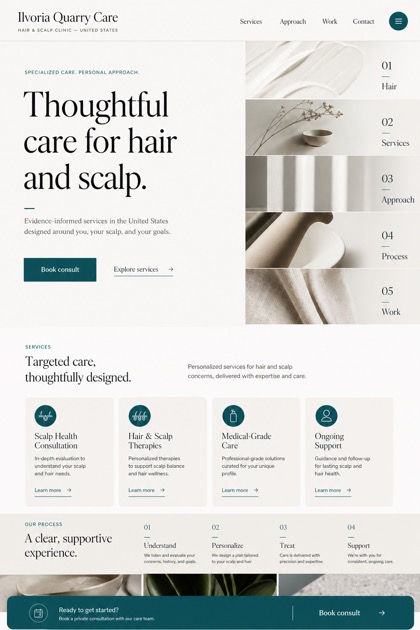 Healthcare website design for United States, showing a clear opening, service information, supporting content, and a focused inquiry action.