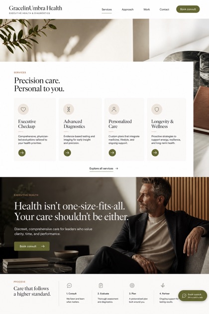 Healthcare website design for United States, showing a clear opening, service information, supporting content, and a focused inquiry action.