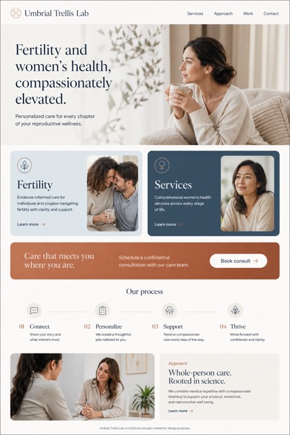 Healthcare website design for United States, showing a clear opening, service information, supporting content, and a focused inquiry action.
