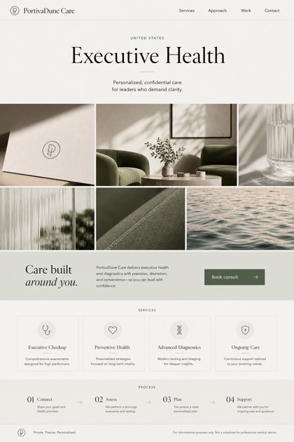 Healthcare website design for United States, showing a clear opening, service information, supporting content, and a focused inquiry action.