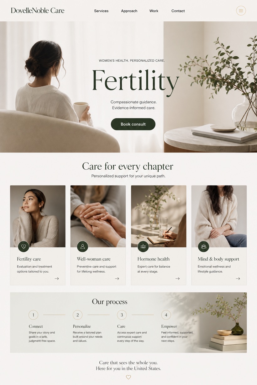 Healthcare website design for United States, showing a clear opening, service information, supporting content, and a focused inquiry action.