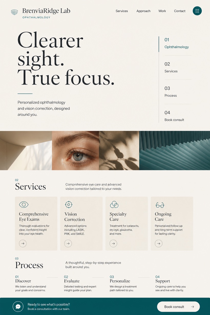 Healthcare website design for United States, showing a clear opening, service information, supporting content, and a focused inquiry action.