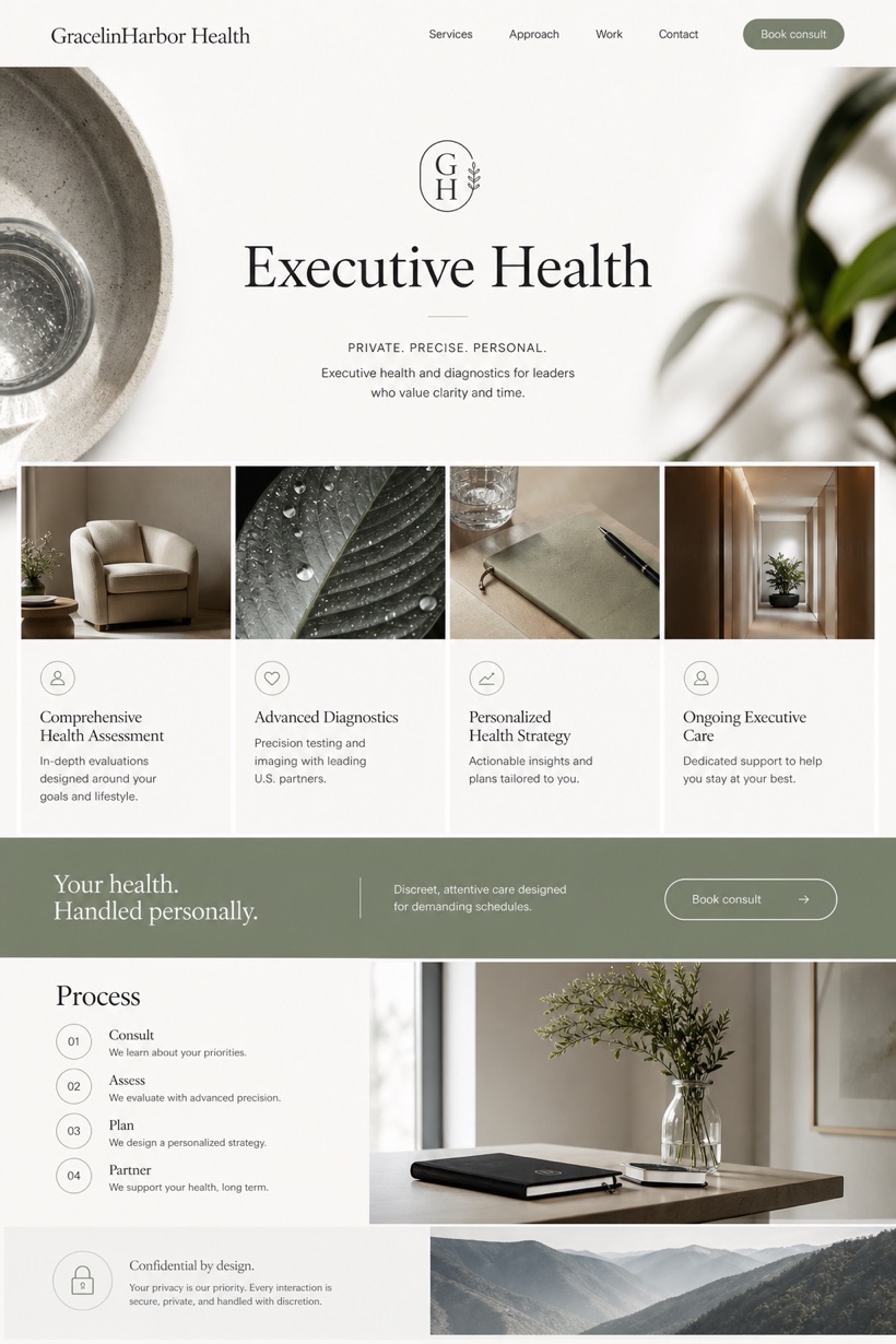 Healthcare website design for United States, showing a clear opening, service information, supporting content, and a focused inquiry action.