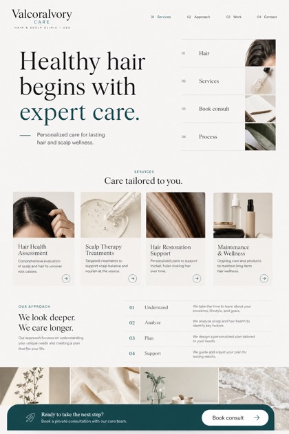 Healthcare website design for United States, showing a clear opening, service information, supporting content, and a focused inquiry action.