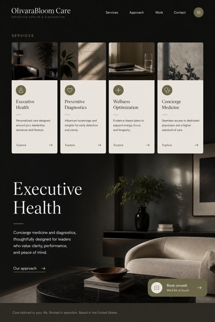Healthcare website design for United States, showing a clear opening, service information, supporting content, and a focused inquiry action.
