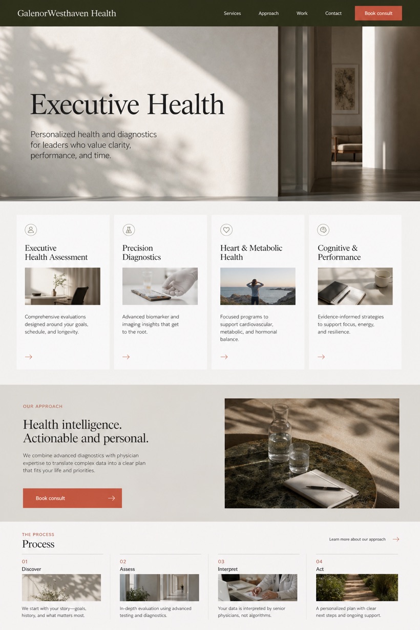 Healthcare website design for United States, showing a clear opening, service information, supporting content, and a focused inquiry action.