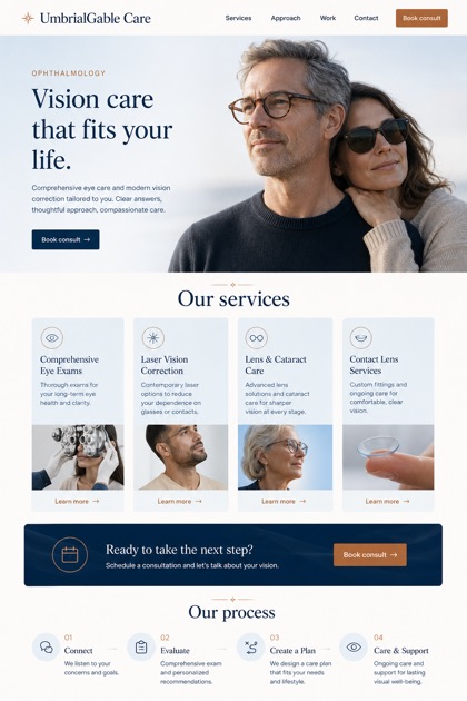 Healthcare website design for United States, showing a clear opening, service information, supporting content, and a focused inquiry action.