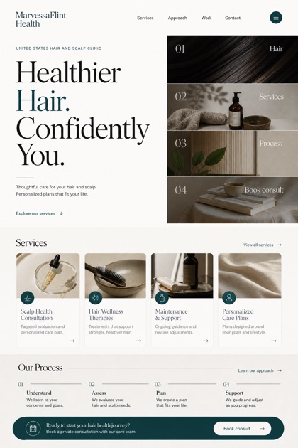 Healthcare website design for United States, showing a clear opening, service information, supporting content, and a focused inquiry action.