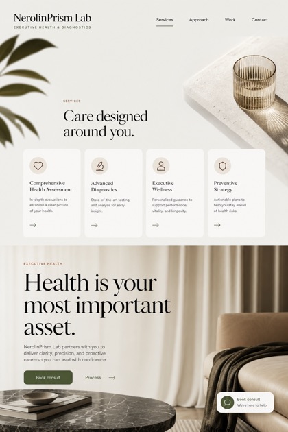 Healthcare website design for United States, showing a clear opening, service information, supporting content, and a focused inquiry action.