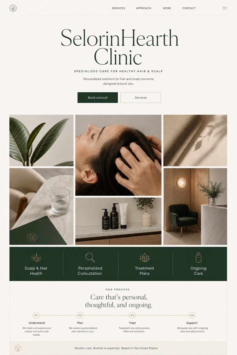Healthcare website design for United States, showing a clear opening, service information, supporting content, and a focused inquiry action.